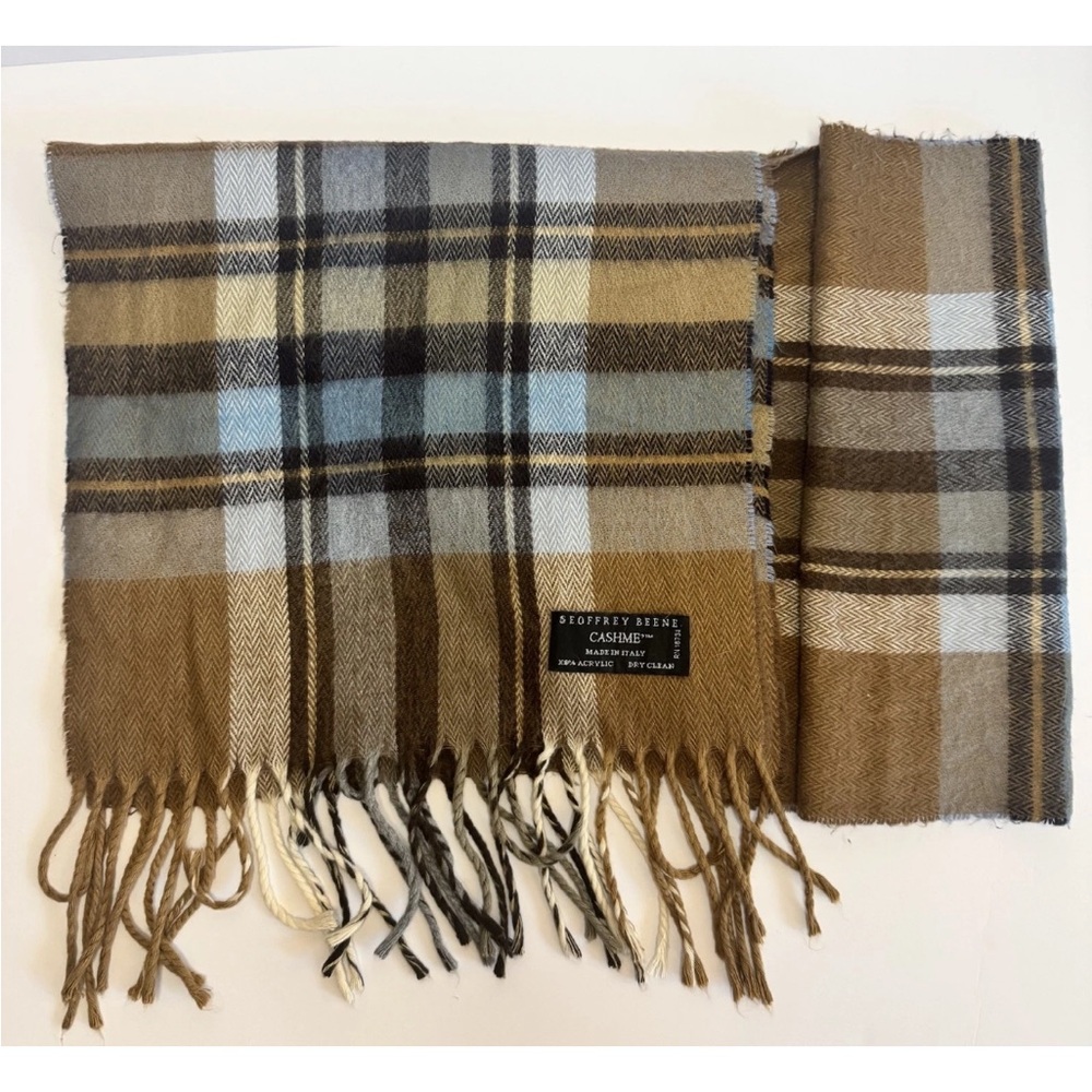 Geoffrey Beene Plaid Scarf Cashme Soft Acrylic Tan Gray Brown Italy